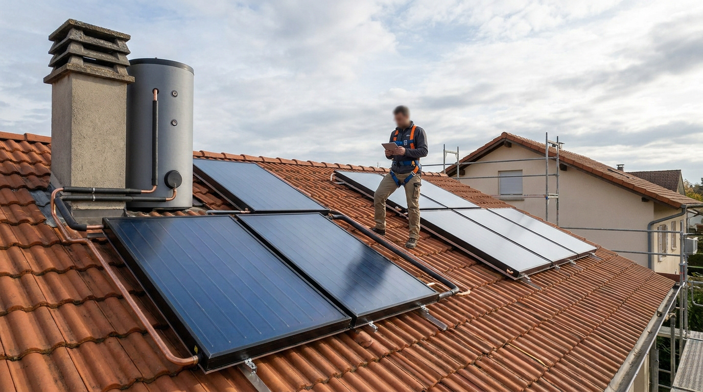 Technicien sur un toit vérifiant l'installation de panneaux solaires thermiques avec une tablette.