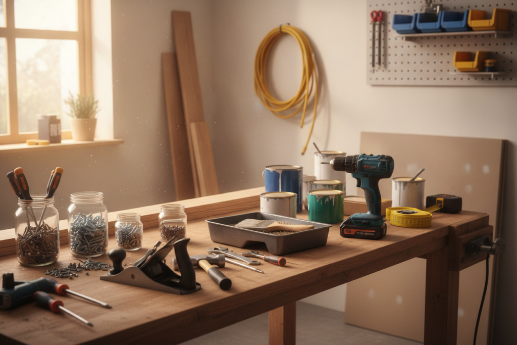 Établi de bricolage avec outils, visserie, perceuse et matériaux de rénovation dans un atelier lumineux.