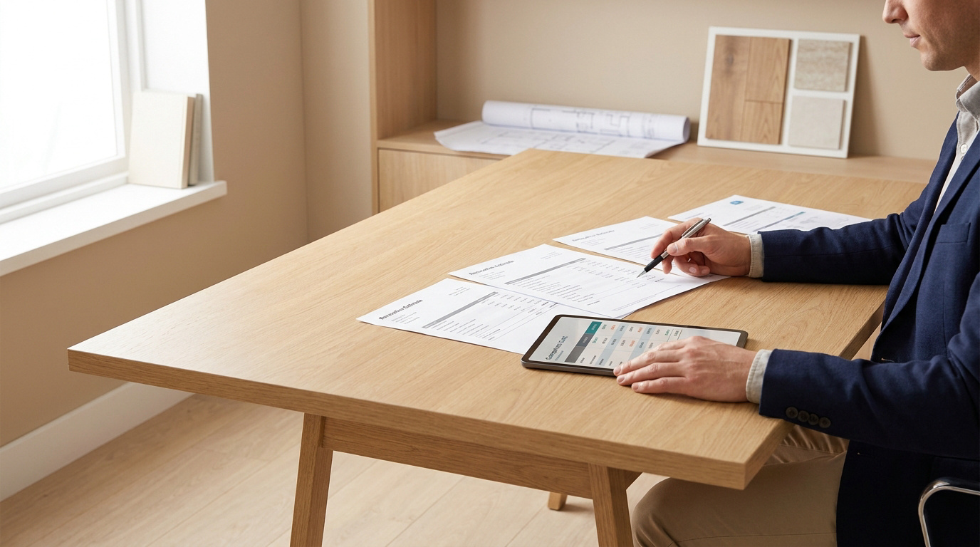 Un professionnel en costume étudie des documents de devis de rénovation sur une table en bois avec une tablette.