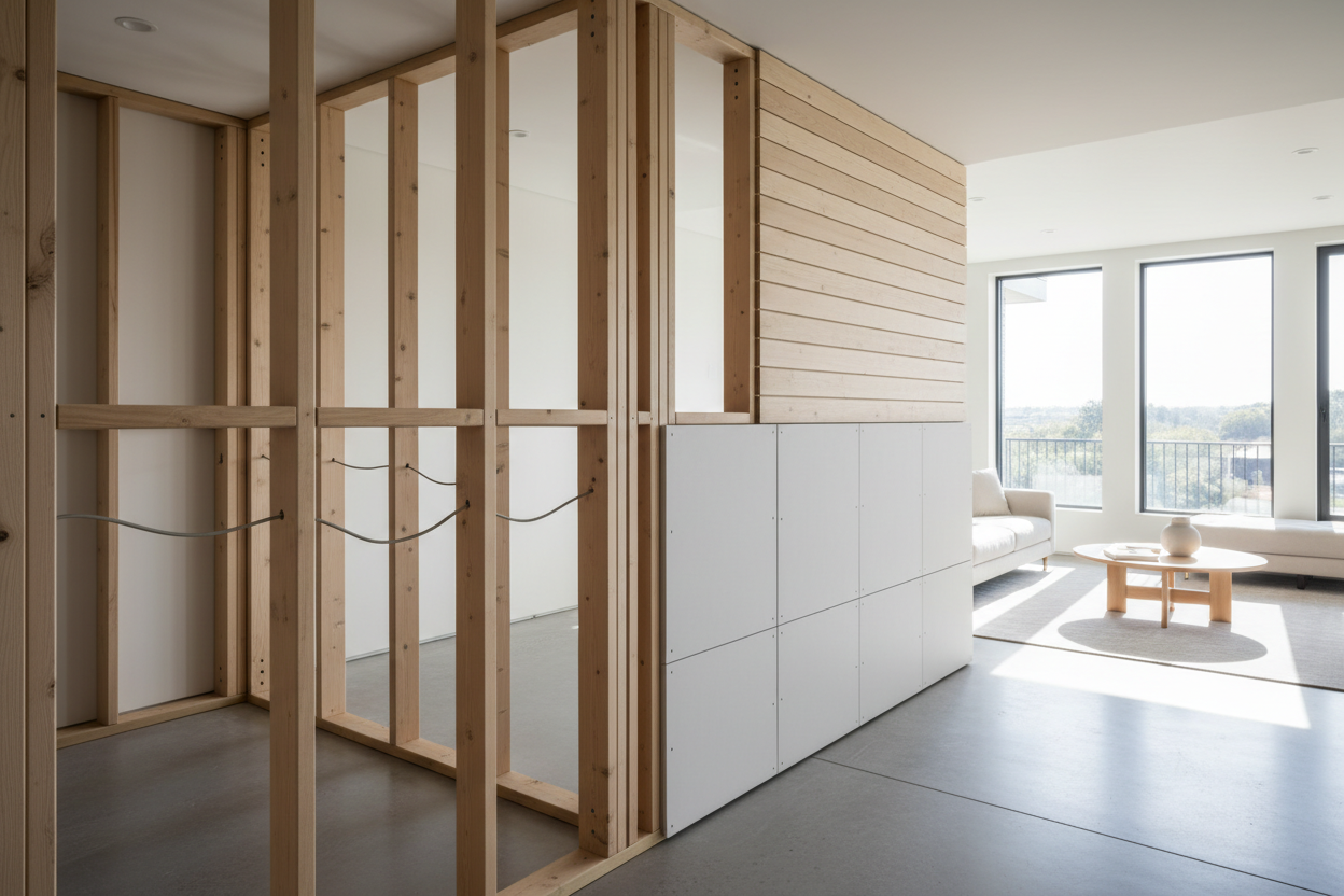 Cloison intérieure en bois moderne divisant une pièce avec ossature visible et finitions.
