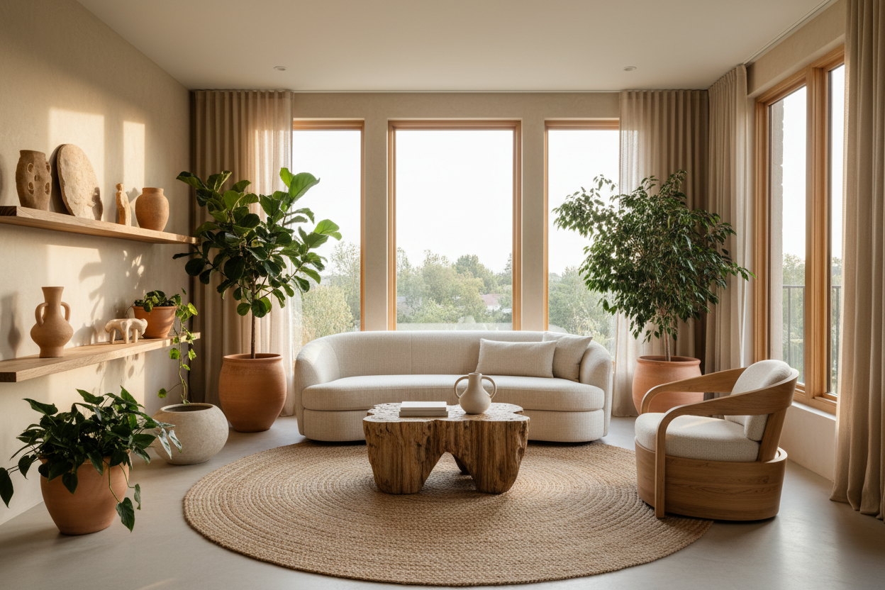 Intérieur minimaliste aux tons naturels avec mobilier aux formes courbes, plantes vertes et matières brutes.