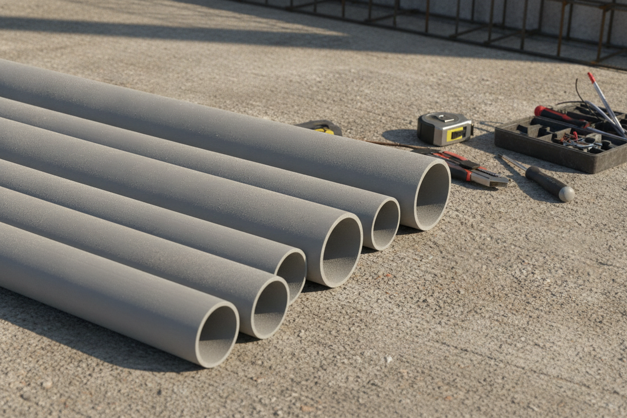Fourreaux électriques de différents diamètres posés sur béton avec outils de construction professionnels.