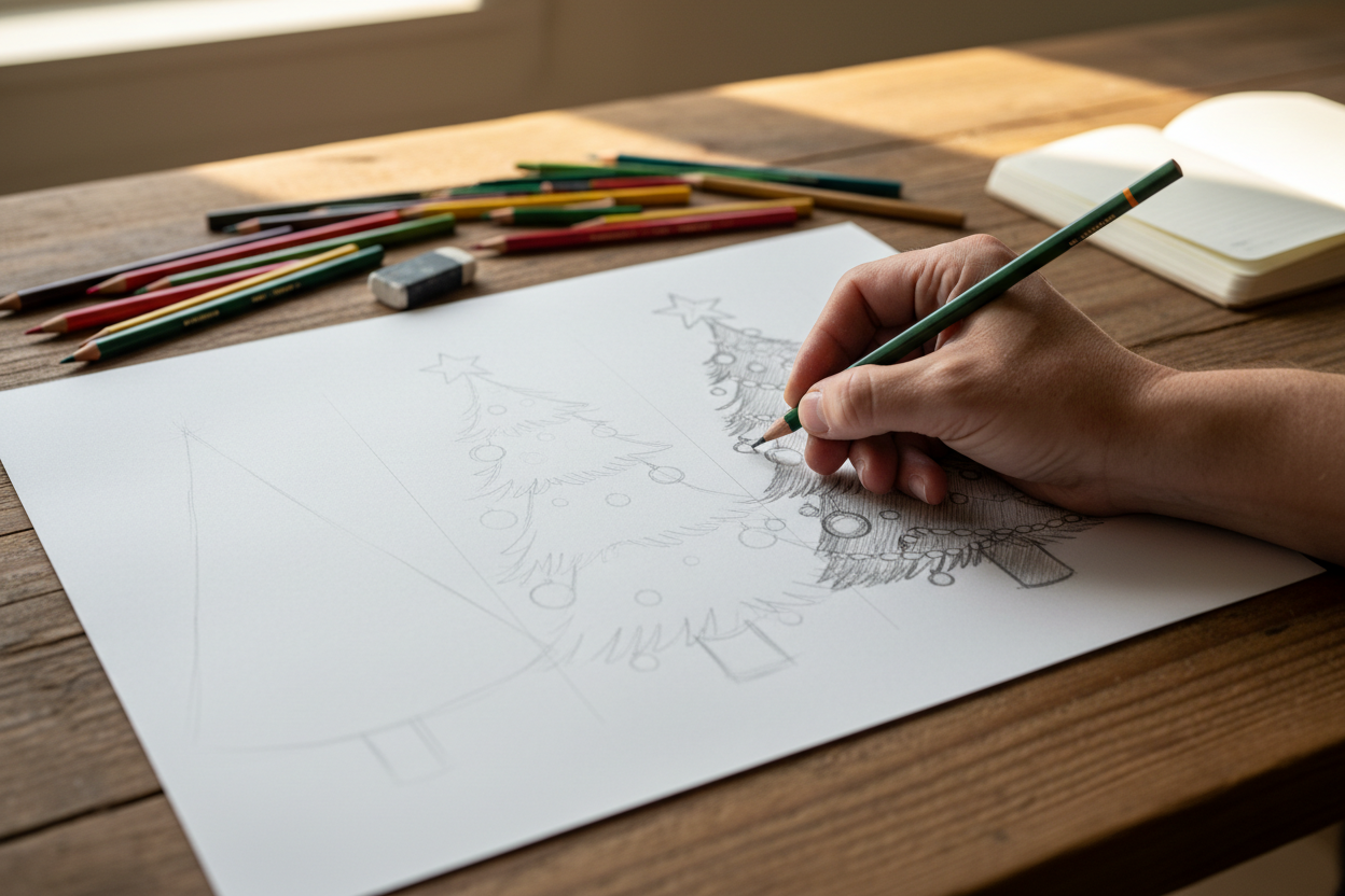 Main dessinant un sapin de Noël étape par étape avec un crayon sur papier blanc, entourée de matériel artistique.