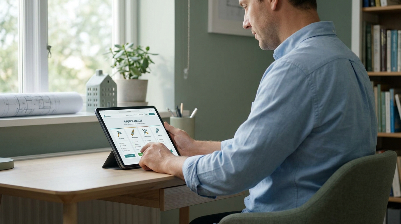 Un homme utilise une tablette numérique pour faire une demande de devis sur le site 123devis depuis son bureau.