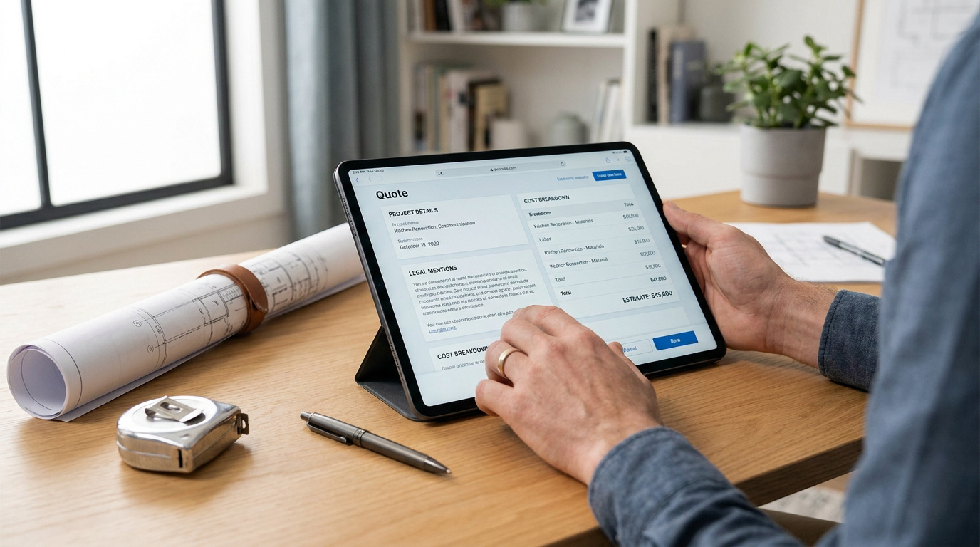 Un artisan consulte un devis de rénovation sur une tablette numérique posée sur un bureau en bois.