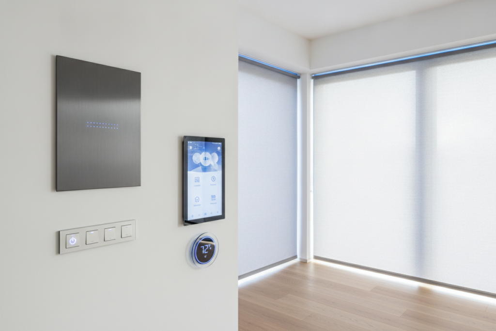 Tableau électrique moderne et objets domotiques dans un intérieur contemporain, avec éclairage connecté et interface de contrôle.