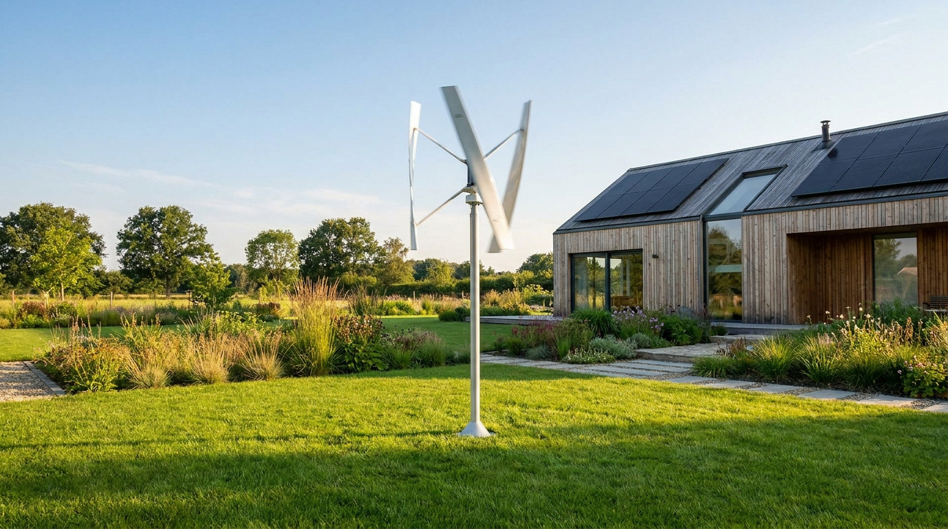 Petite éolienne à axe vertical installée dans un jardin devant une maison moderne équipée de panneaux solaires.
