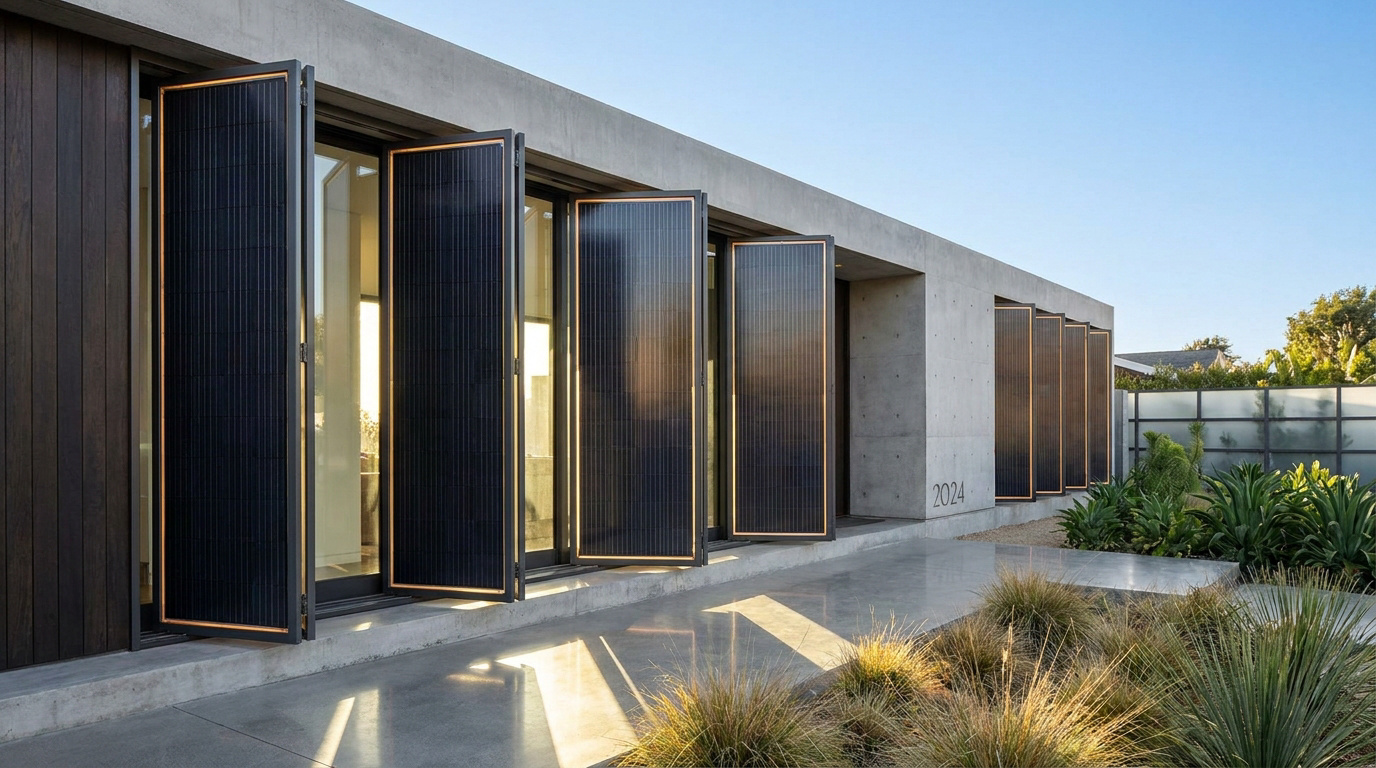 Façade d'une maison moderne avec des volets solaires verticaux ouverts devant de grandes baies vitrées.