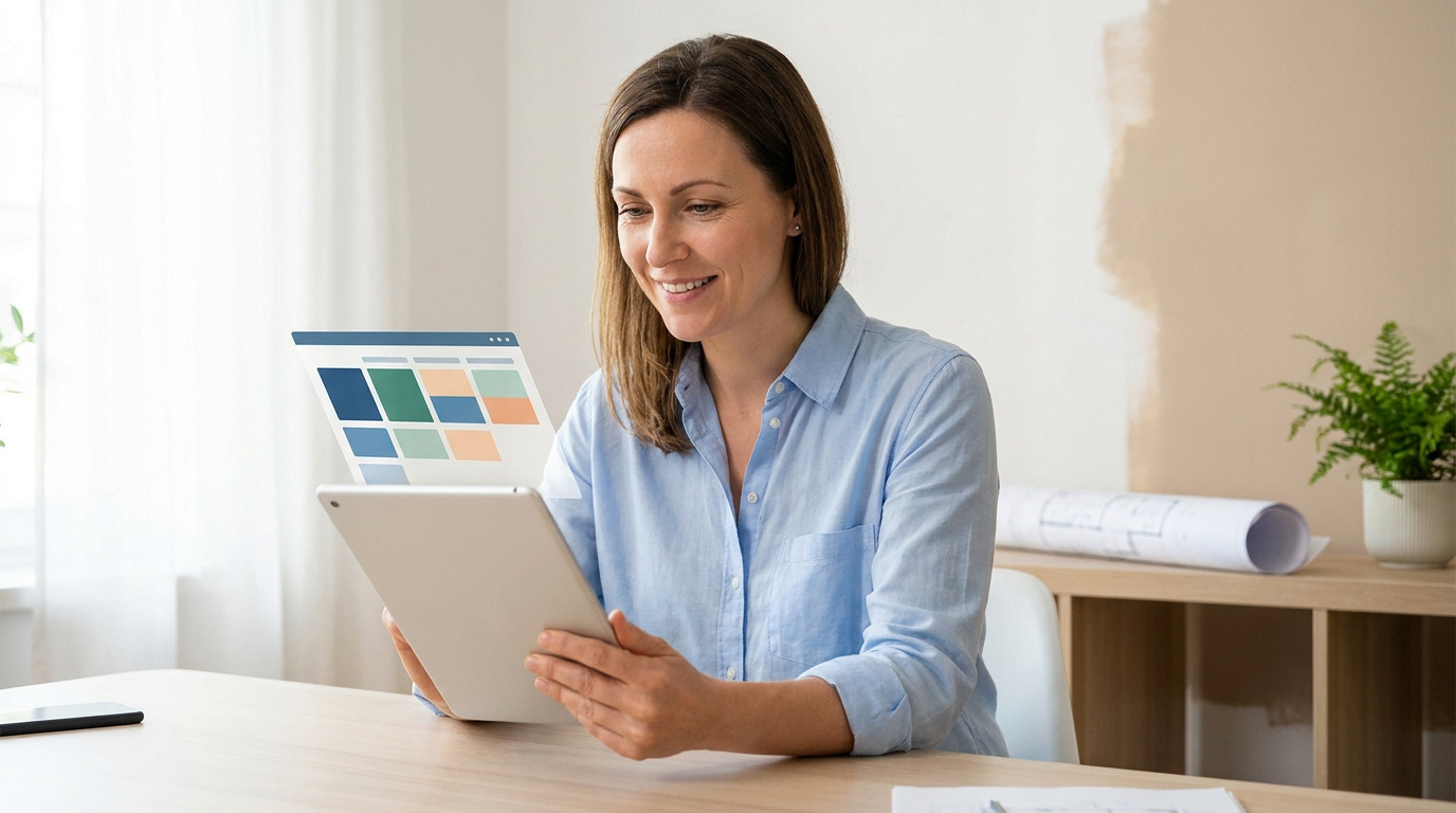 Une femme souriante utilise une tablette pour planifier des travaux de rénovation avec une interface colorée.