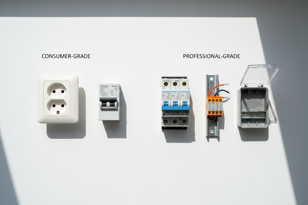Comparaison entre matériel électrique grand public et composants professionnels spécialisés pour installation résidentielle.