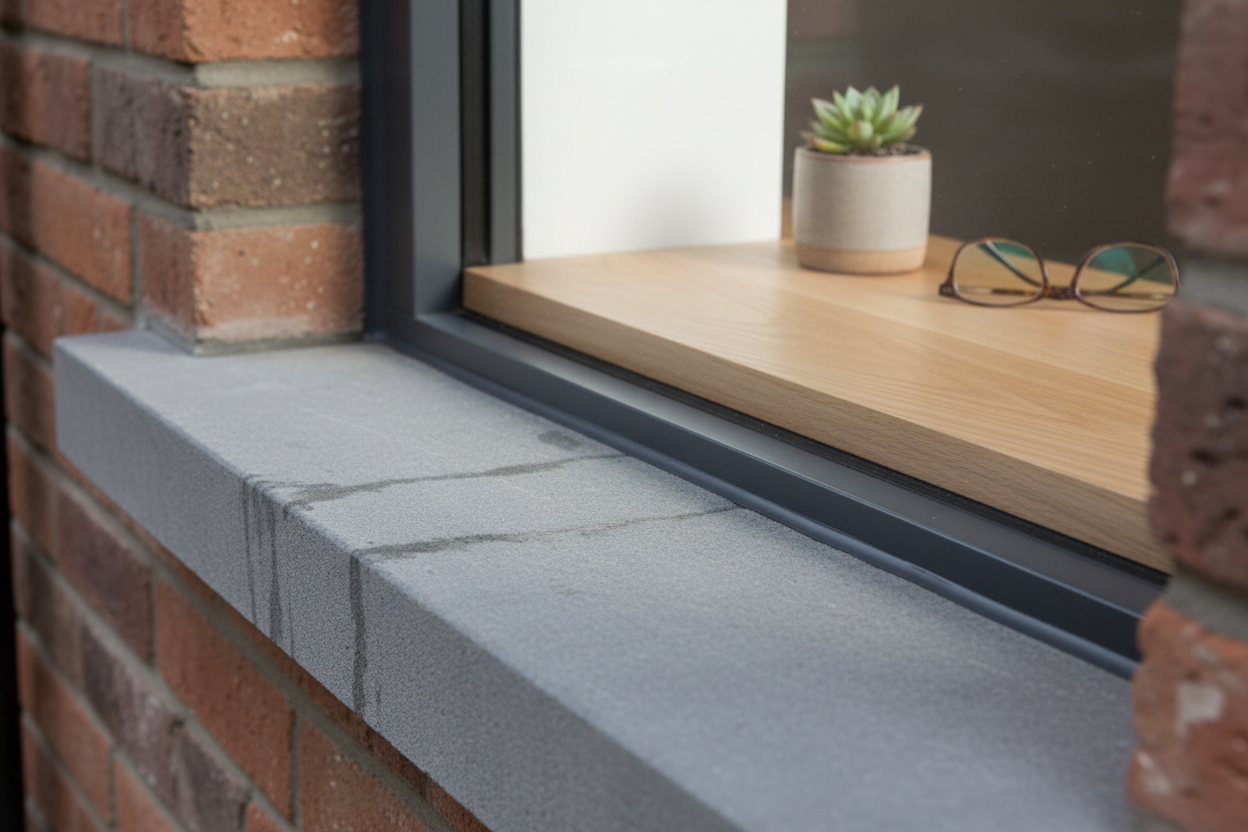 Détail de la transition entre appui extérieur pente et tablette intérieure en bois clair.
