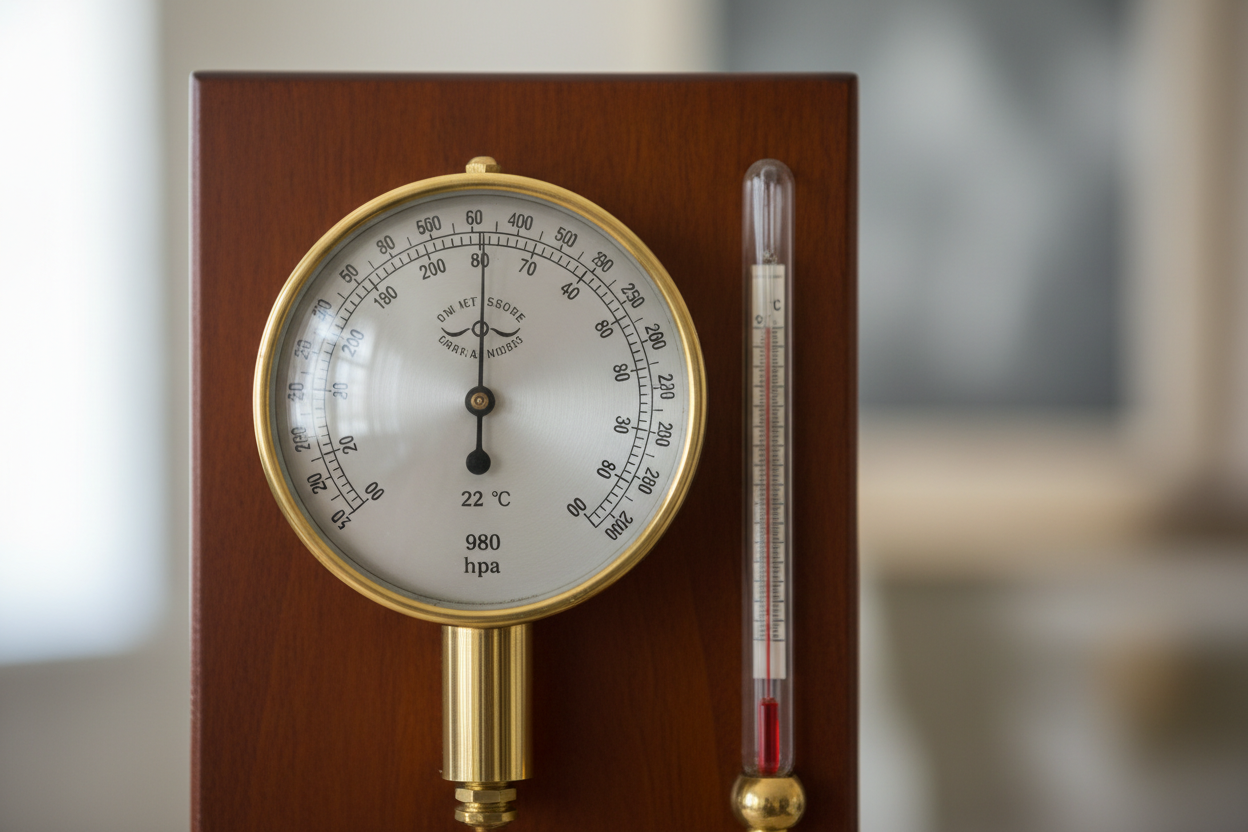 Baromètre en verre avec cadran de pression et aiguille indicatrice de la pression atmosphérique.