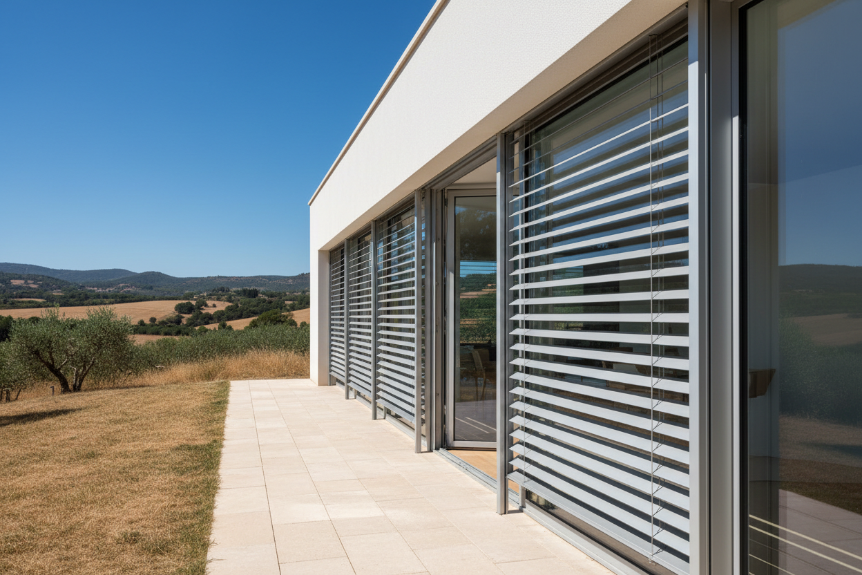 Brise-soleil orientable partiellement fermé sur façade sud d'une maison méditerranéenne ensoleillée.