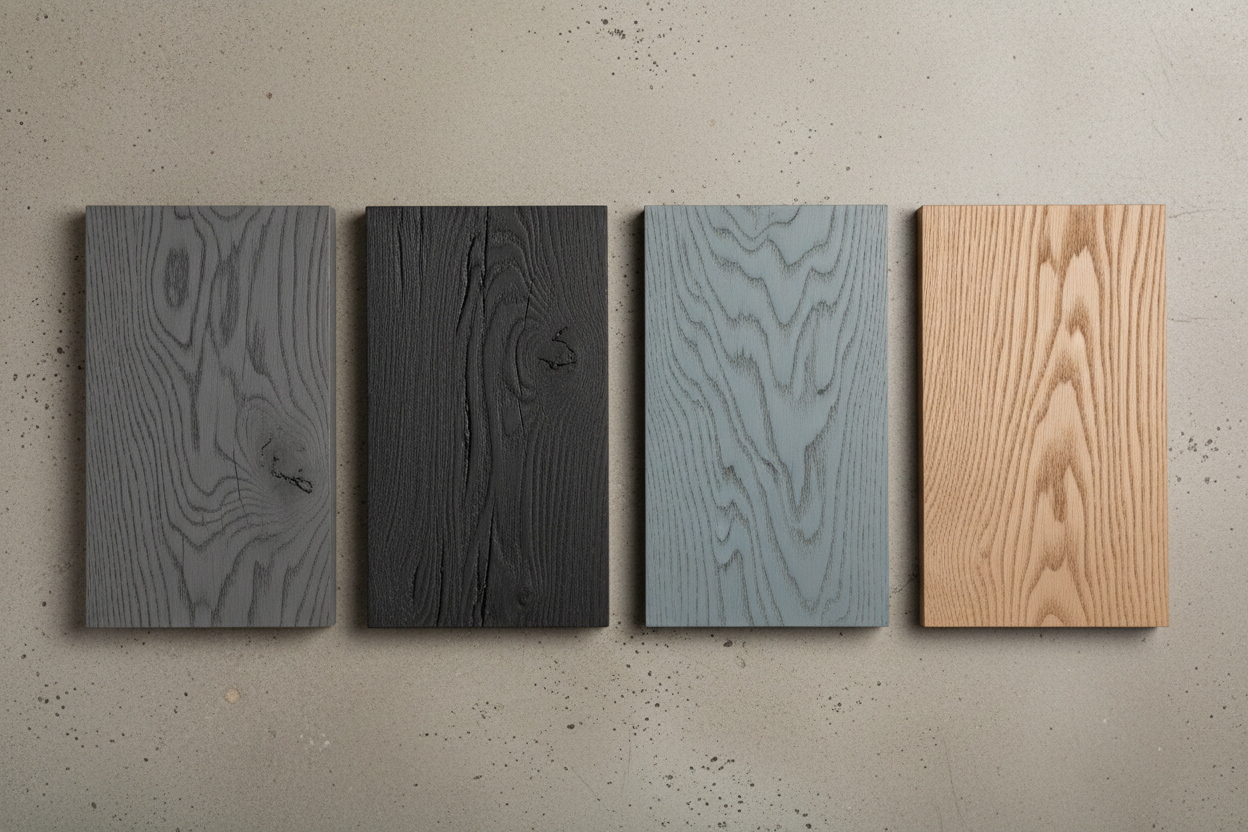 Quatre échantillons de chêne cérusé avec finitions colorées : gris, noir, bleu et beige.