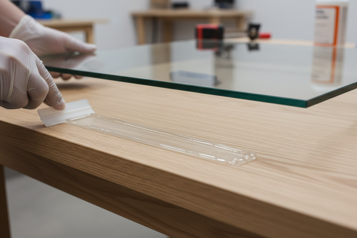 Application précise de colle époxy entre une surface en bois et un plateau de verre lors du collage.