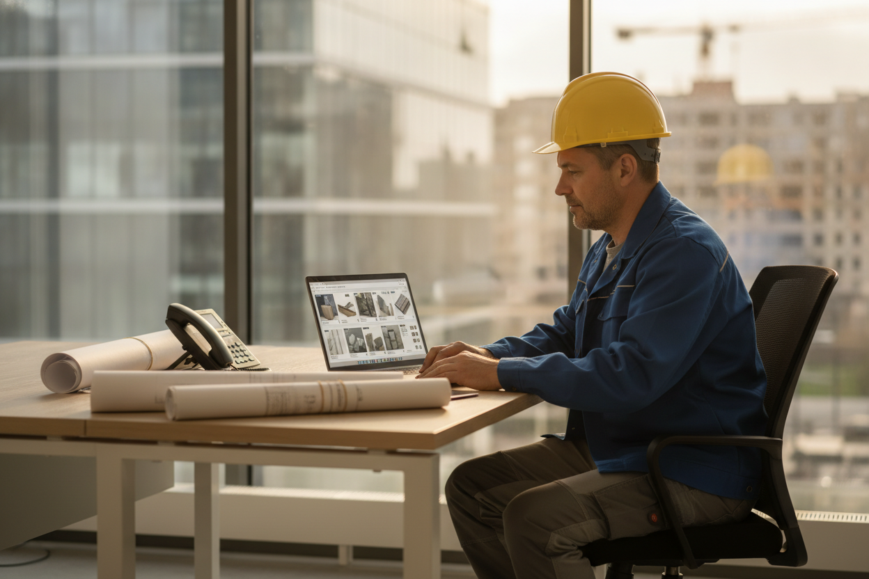Un professionnel du bâtiment consulte un catalogue en ligne depuis l'agence d'un distributeur spécialisé en matériaux.