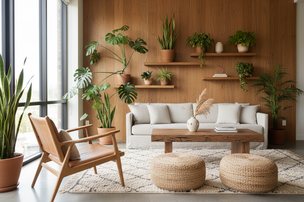 Intérieur contemporain avec plantes vertes, bois naturel et lumière naturelle créant une ambiance apaisante et organique.