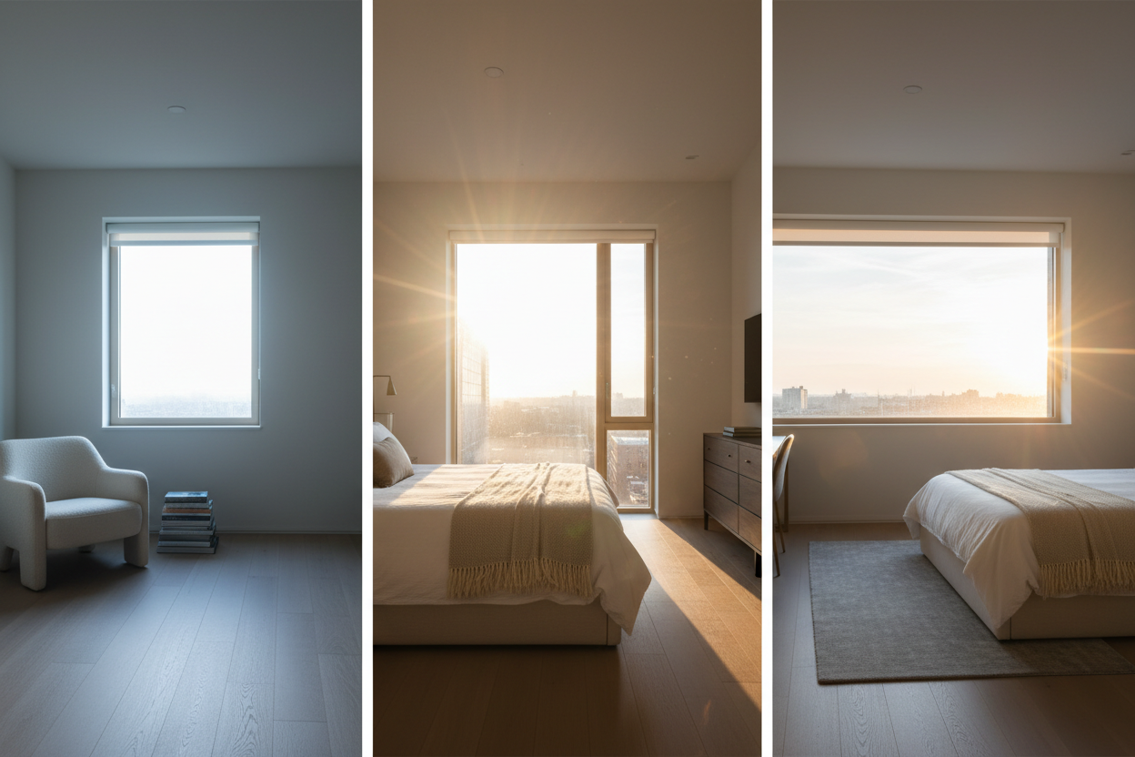 Chambre avec fenêtres de différentes orientations et tailles montrant l'impact de l'exposition solaire sur l'éclairage naturel.