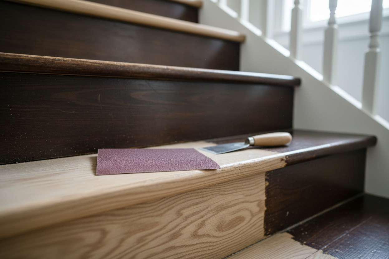 Rénovation d'un escalier en bois avec une marche poncée à clair contrastant avec les marches encore foncées.
