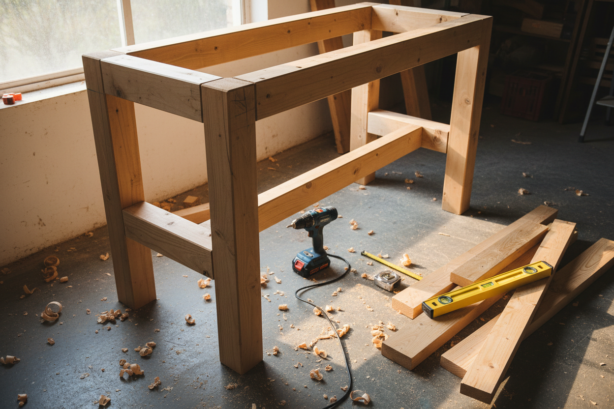 Assemblage d'un établi en bois massif fait maison, avec structure en pin et outillage de menuiserie posé au sol.