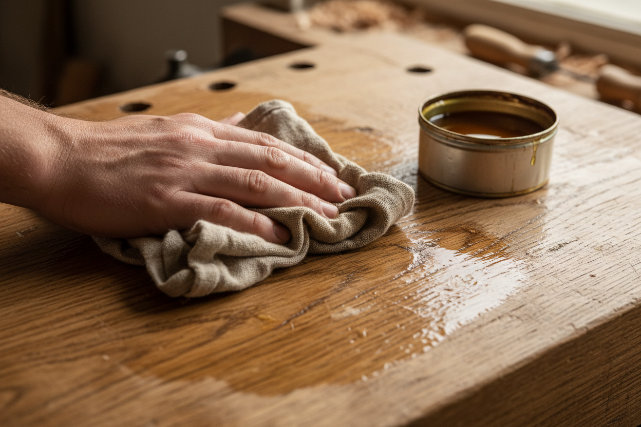 Application d'huile de lin au chiffon sur un plateau d'établi en bois massif pour le protéger et l'entretenir.