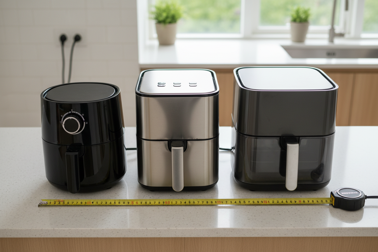Comparaison de plusieurs modèles d'air fryer de différentes capacités alignés sur un plan de travail de cuisine.