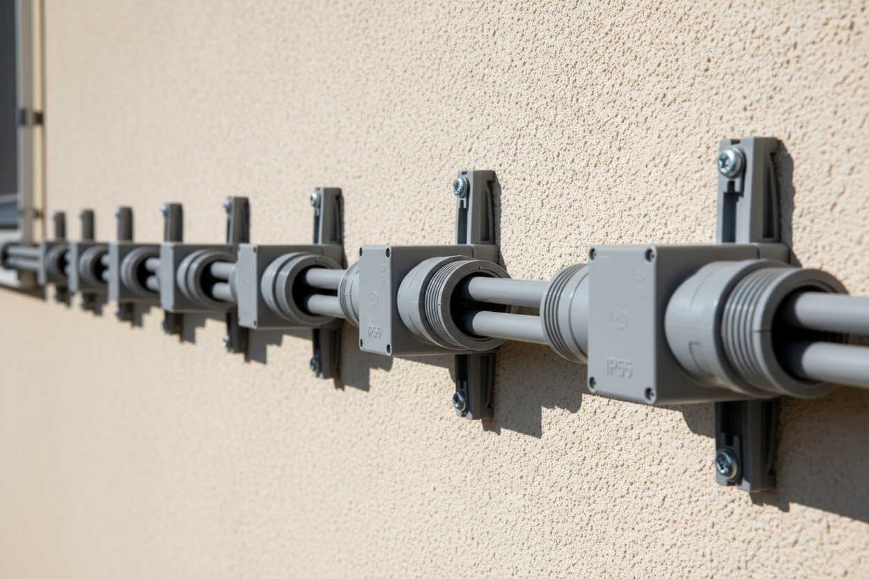 Gaine électrique étanche IP55 installée sur une façade extérieure avec raccords protégés.