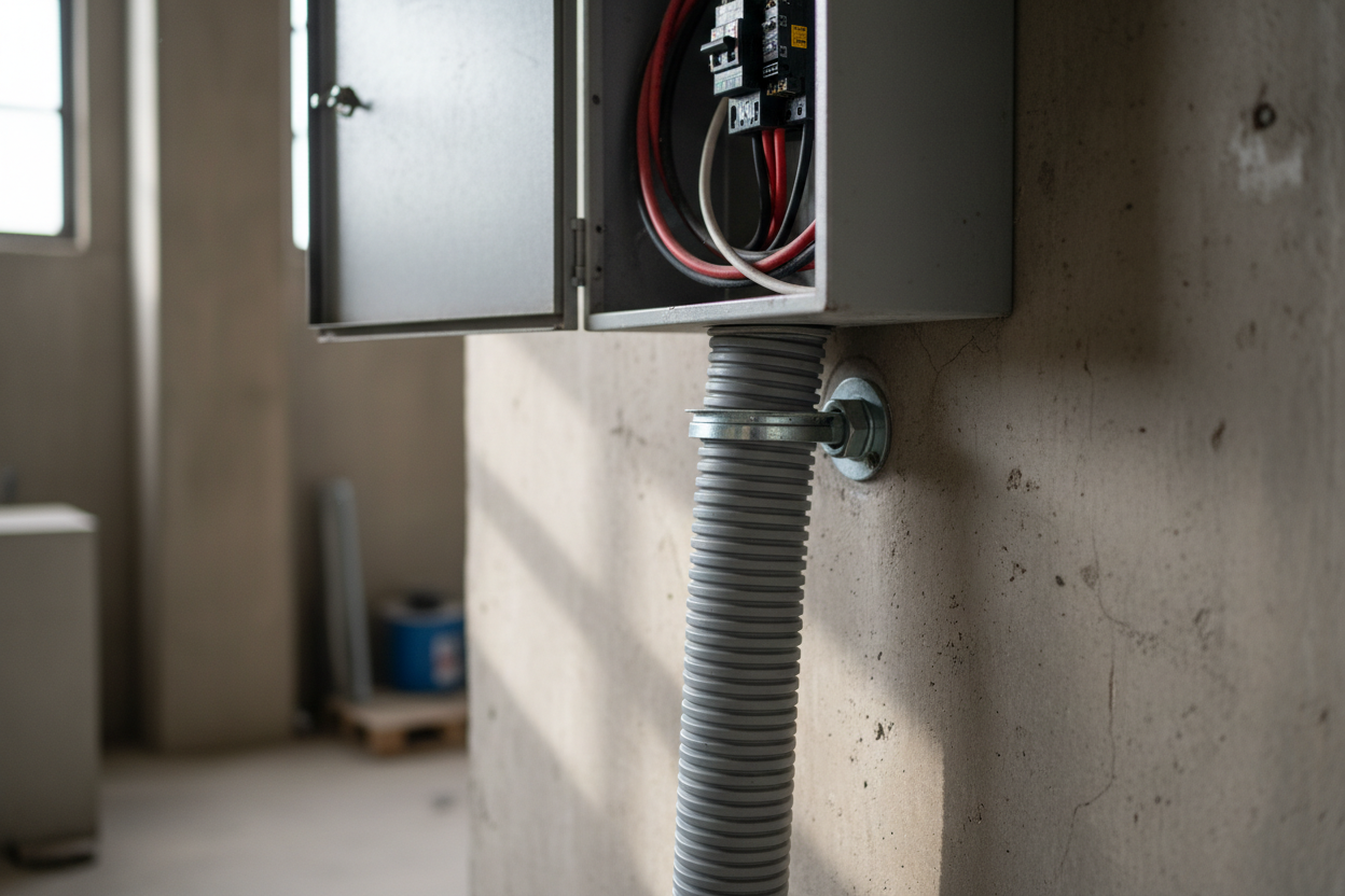 Gaine annelée rigide IK10 raccordée à un tableau électrique basse tension dans un local technique en béton.