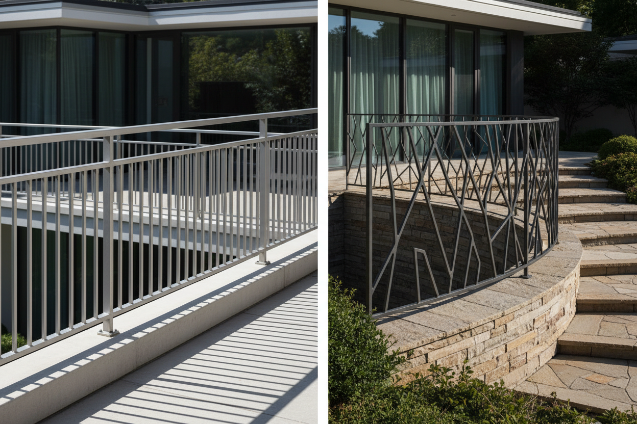 Comparaison de deux types de garde-corps : prêt à poser rectiligne et sur-mesure avec angles complexes.