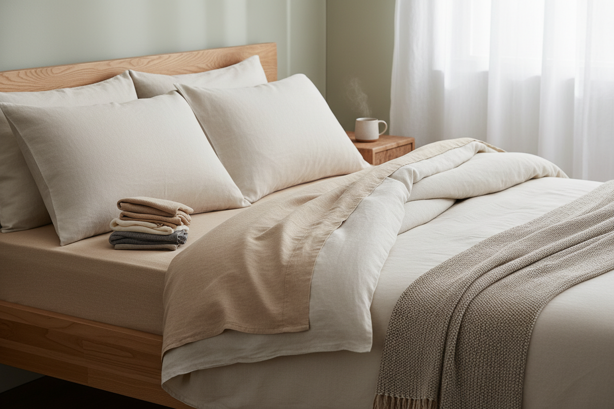 Lit douillettement fait avec des textiles variés évoquant le choix de matière selon les profils de dormeurs.