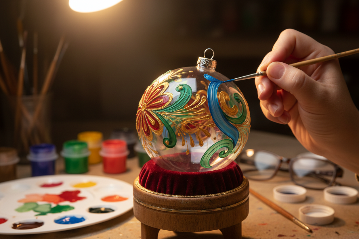 Artisan peignant à la main les détails colorés d'une boule de Noël en verre avec du vernis.