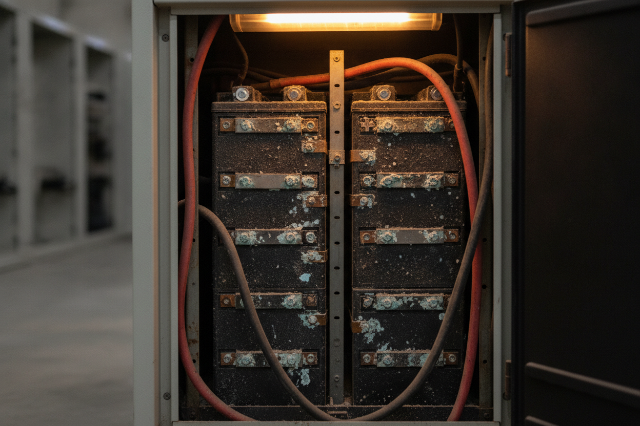 Compartiment de batterie d'onduleur MGE ouvert montrant des batteries plomb-acide AGM vieillies avec signes d'usure.