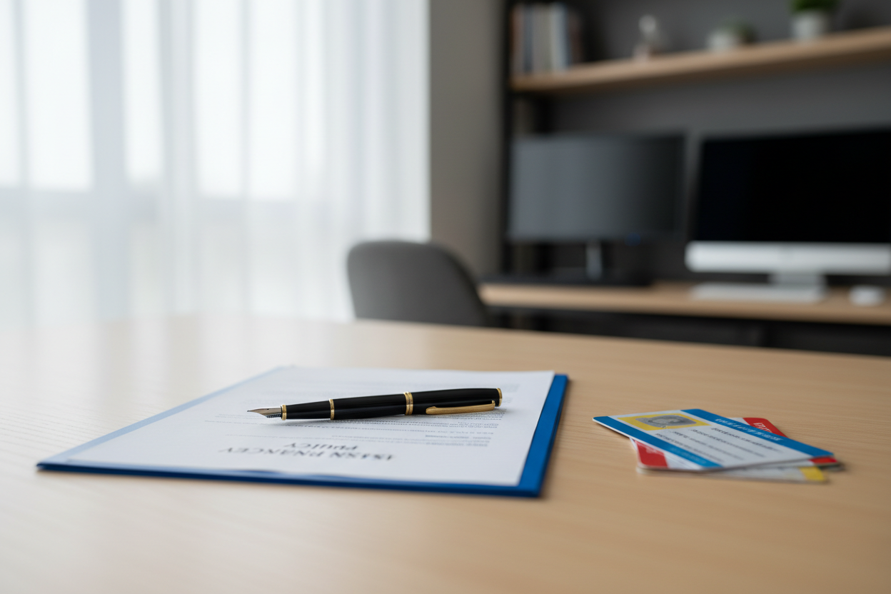Documents d'assurance professionnelle et certifications métier posés sur le bureau d'un artisan multiservice.