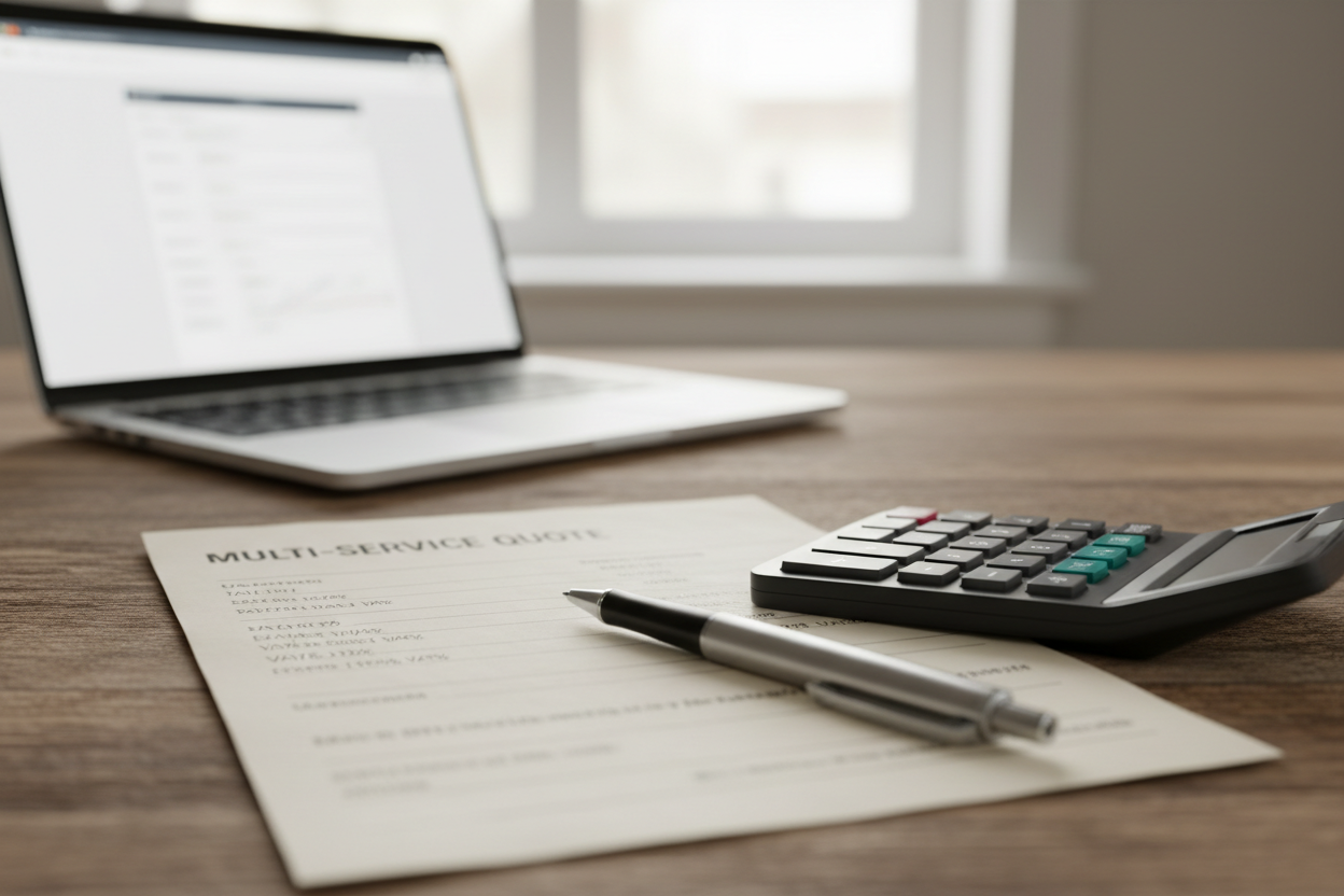 Artisan multiservice calculant ses tarifs horaires avec un devis détaillé et une calculatrice posés sur un bureau.