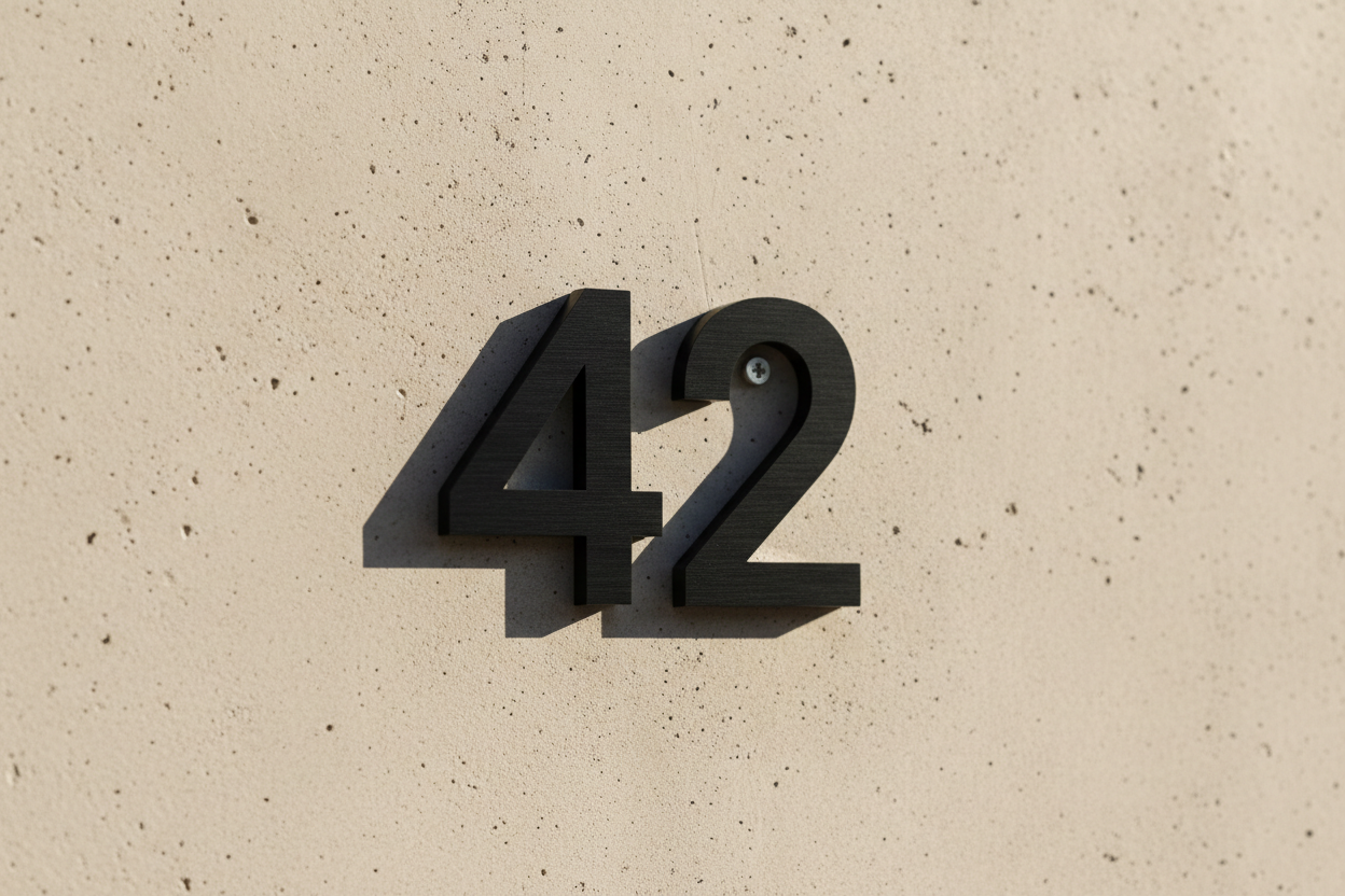 Numéro de maison noir minimaliste en aluminium fixé directement sur façade enduit avec effet flottant.