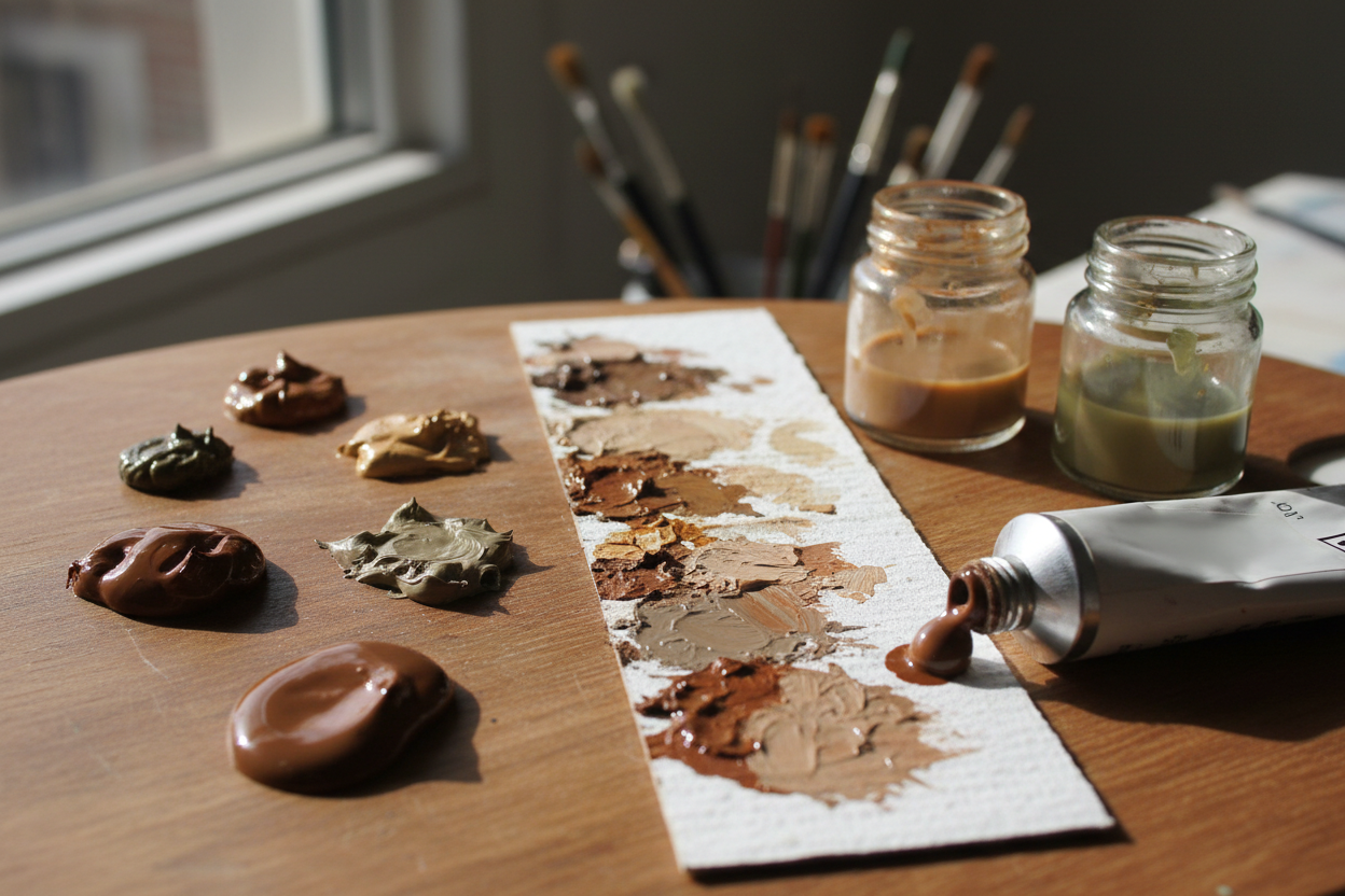 Palette d'artiste avec mélanges de peinture brune en acrylique, huile et aquarelle comparés côte à côte.