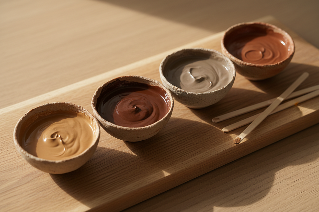 Différentes variantes de marron en peinture : clair noisette, chocolat profond, caramel chaud et taupe froid.
