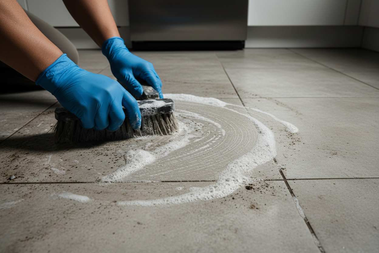 Préparation du carrelage au dégraissant : nettoyage intensif avec brosse et solution de nettoyage professionnel