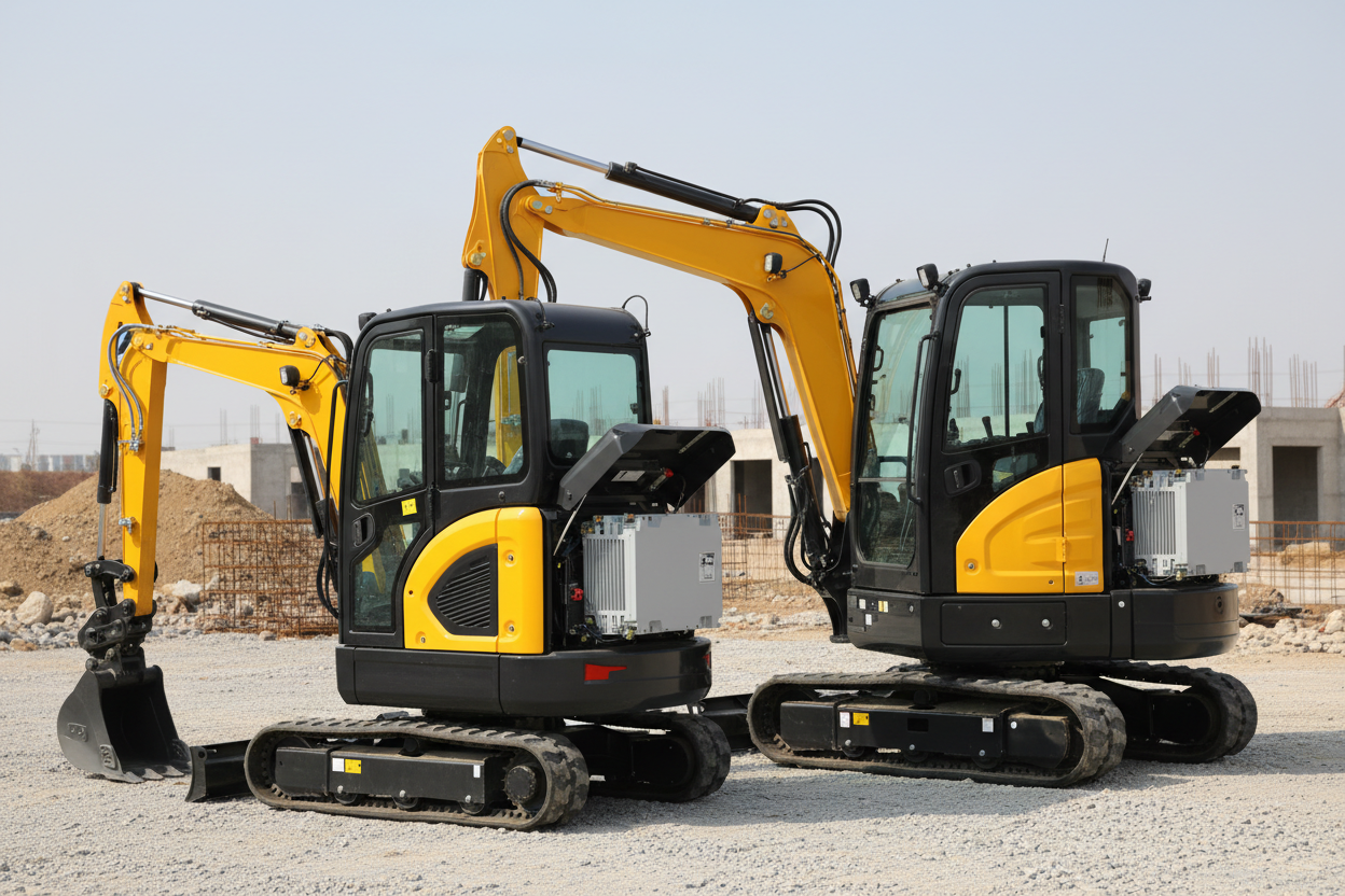 Deux mini-pelles électriques compactes comparées sur un chantier de construction moderne.
