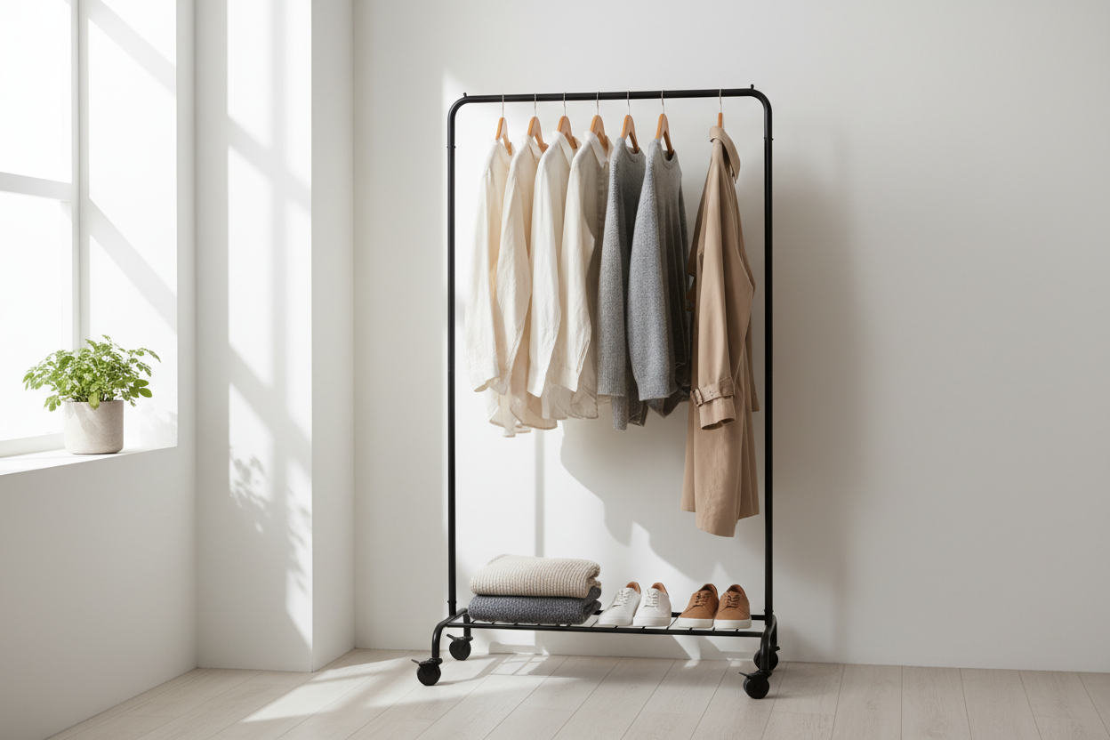 Portant compact sur roulettes dans studio avec vêtements rangés et chaussures sur étagère inférieure.