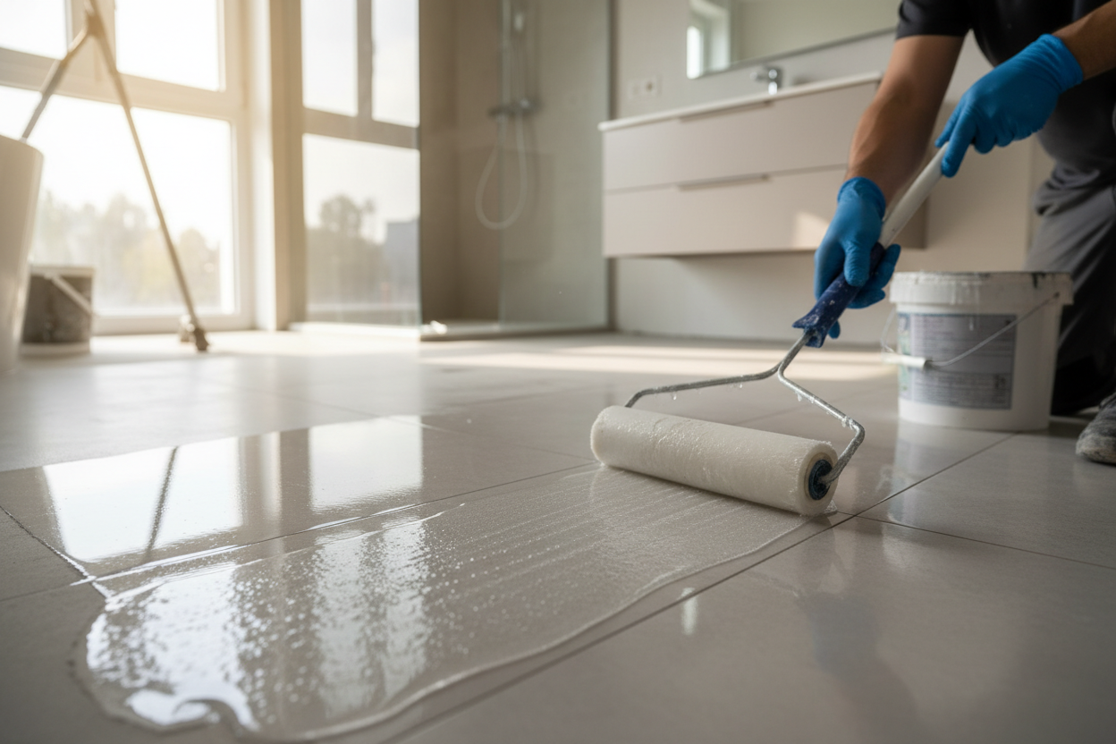 Application professionnelle de résine époxy sur carrelage de salle de bain avec rouleau applicateur.
