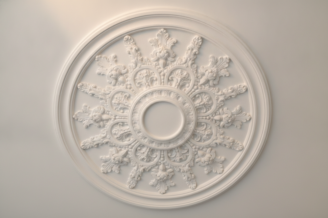 Rosace ornementale en plâtre armé avec détails classiques radiants sur plafond blanc.
