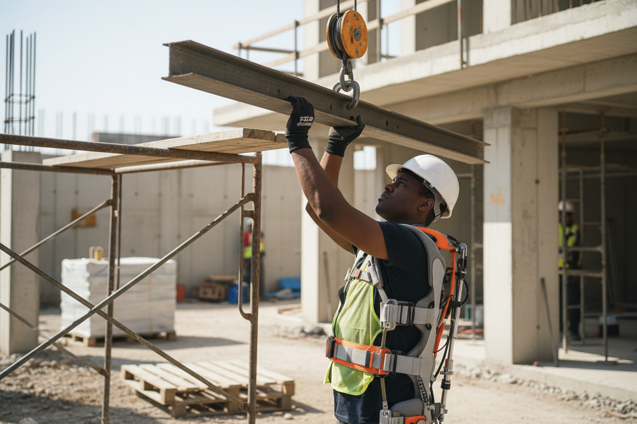 Ouvrier du BTP portant un exosquelette lors de travaux en hauteur sur chantier de construction.