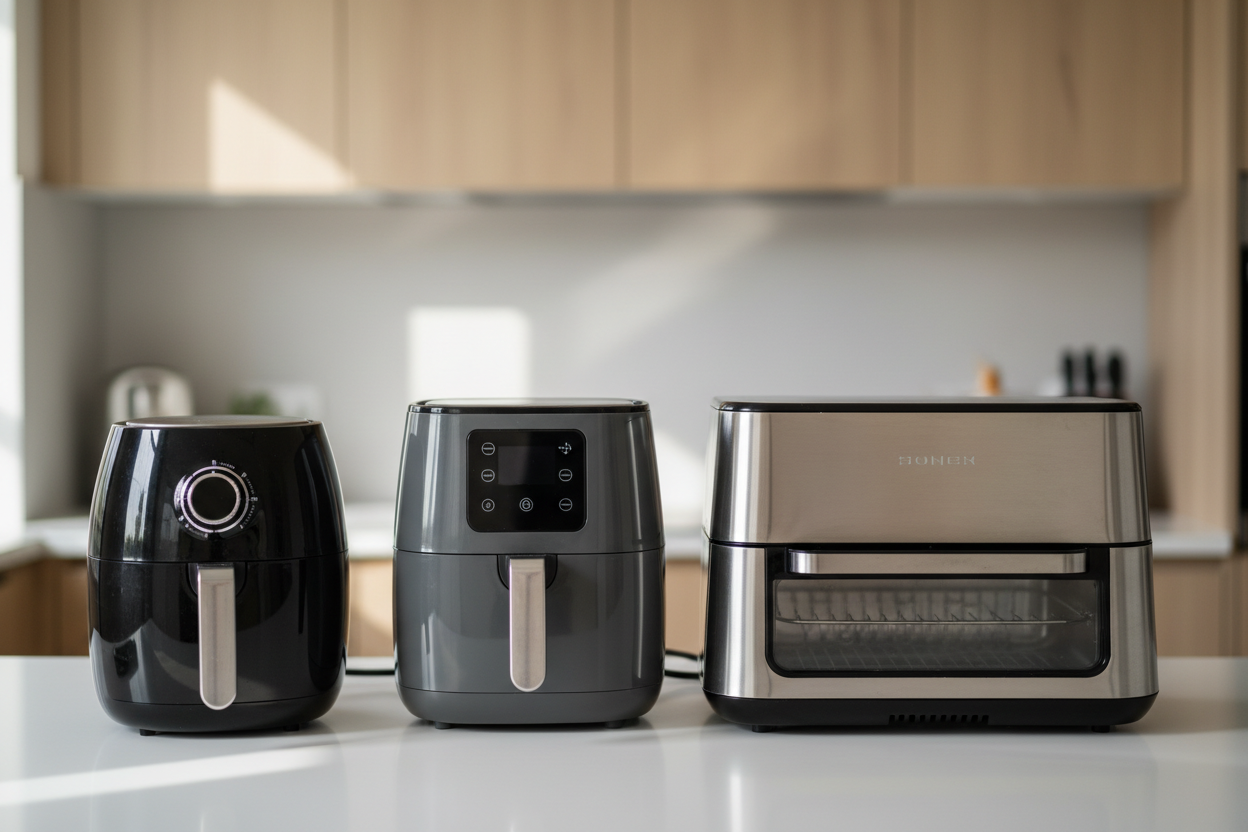 Trois modèles d'air fryer de tailles différentes côte à côte sur un plan de travail de cuisine, illustrant les capacités disponibles.