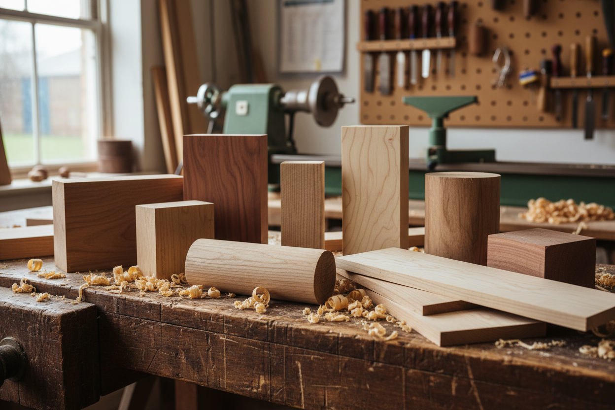 Échantillons de bois variés affichant différentes teintes et fibres pour le tournage sur bois.