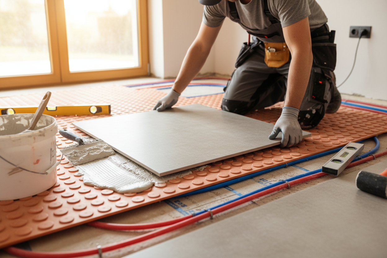 Pose de grands carreaux sur natte de désolidarisation adaptée à un plancher chauffant en intérieur.