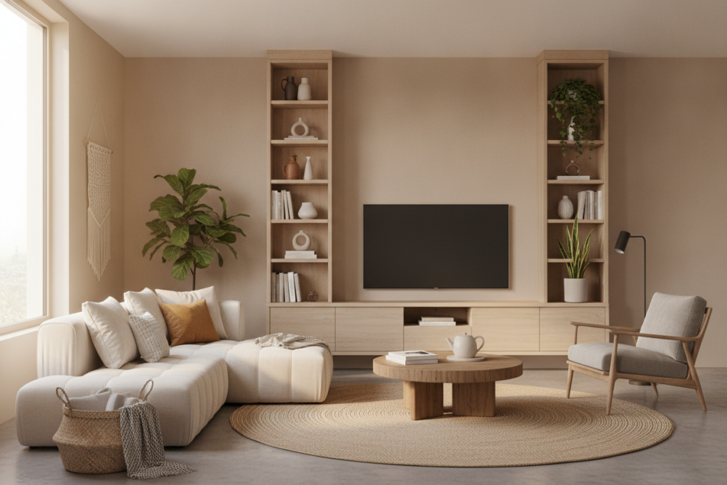 Intérieur de maison chaleureux et lumineux avec salon décoré, rangement soigné et ambiance conviviale.