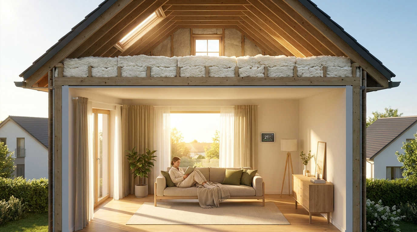 Vue en coupe d'une maison montrant l'isolation des combles et une personne lisant confortablement sur son canapé.