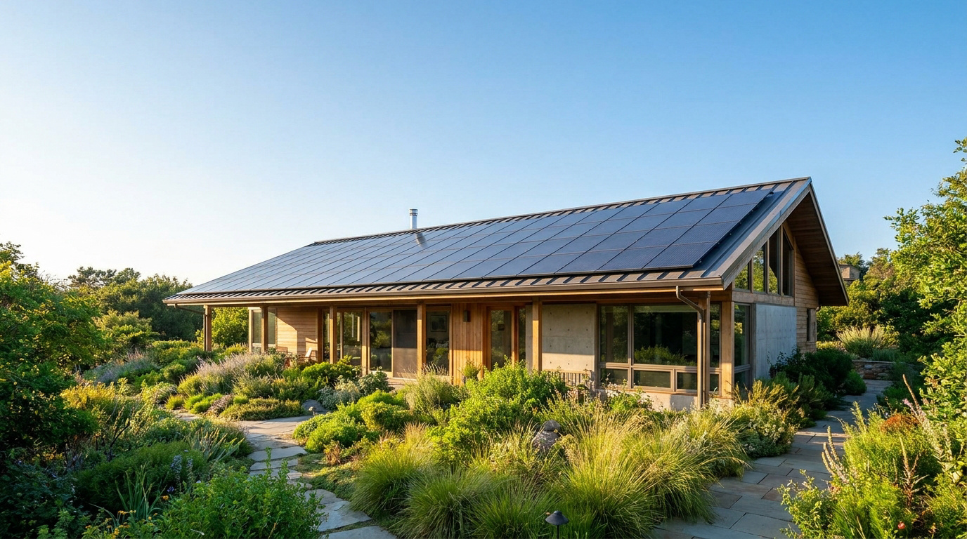 Maison moderne en bois avec un toit entièrement recouvert de panneaux solaires, entourée d'un jardin luxuriant.
