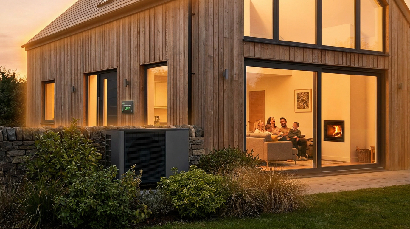 Une famille se détend dans une maison en bois moderne équipée d'une pompe à chaleur extérieure au coucher du soleil.